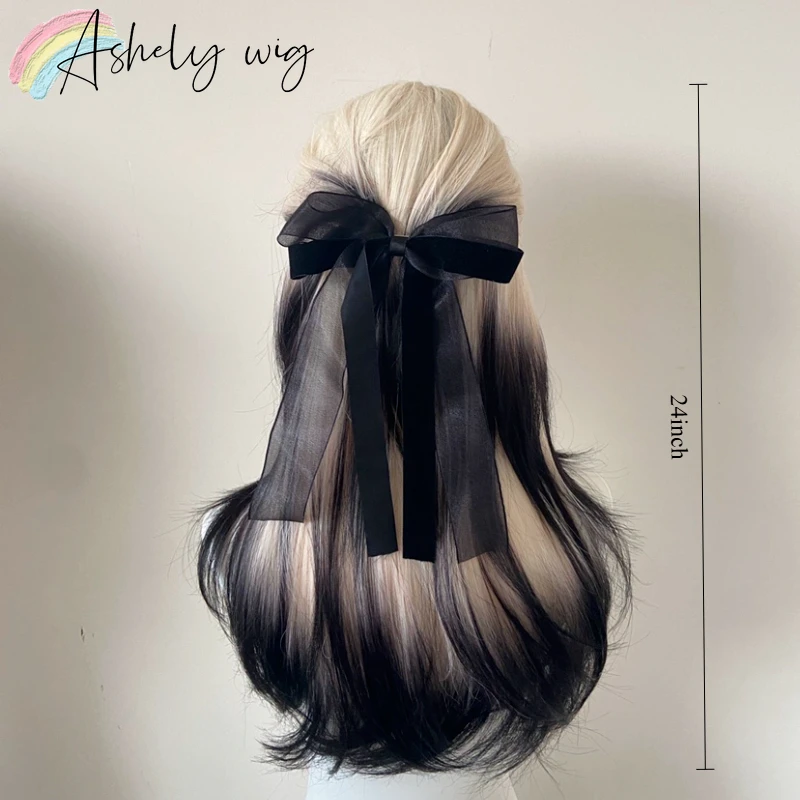 Ashely Ombre Black Blonde Wig for Women Y2K Hairstyle Lolita Wigs Straight Sissy Wig with Bangs Paruky for All Saints' Day