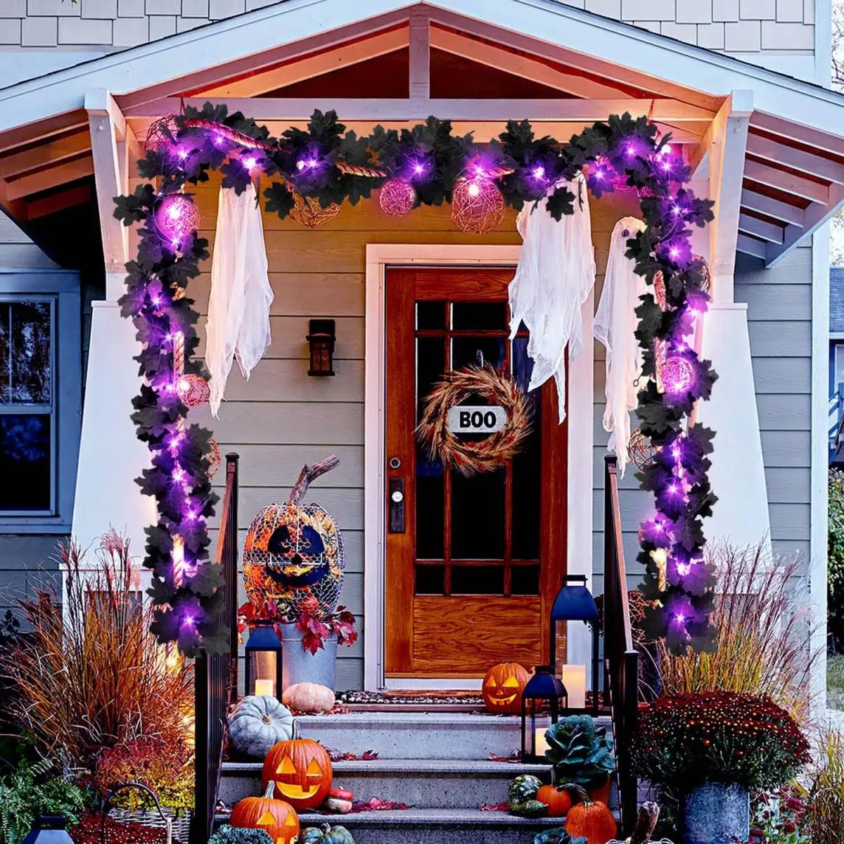 Halloween LED Black Leaf Garland - Battery Powered Fall Vine with Purple Lights