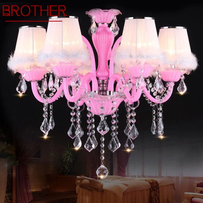 

BROTHER Pink Crystal Pendent Lamp Art Girls' Room Candle Lamp Children's Room Living Room Restaurant Bedroom Chandelier