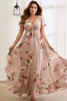 Plus Size Dusty Rose Floral Chiffon Maxi Dress