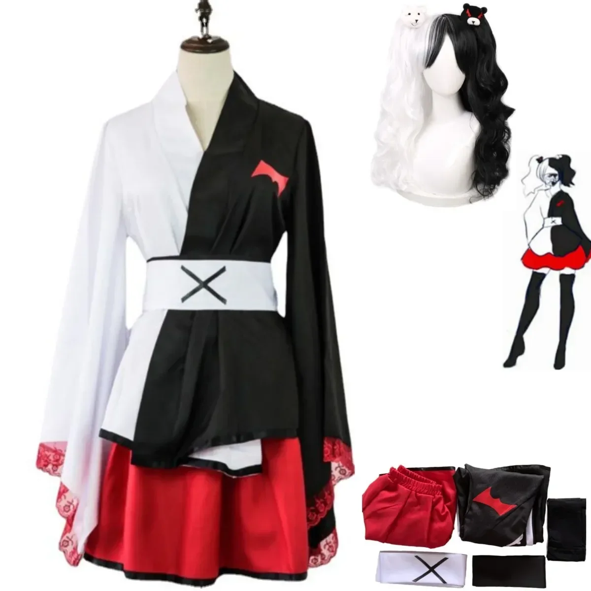 

Anime Game Danganronpa: Trigger Happy Havoc Monokuma Cosplay Costume Wig Japanese Kimono Skirt Woman Sexy Kawaii Halloween Suit