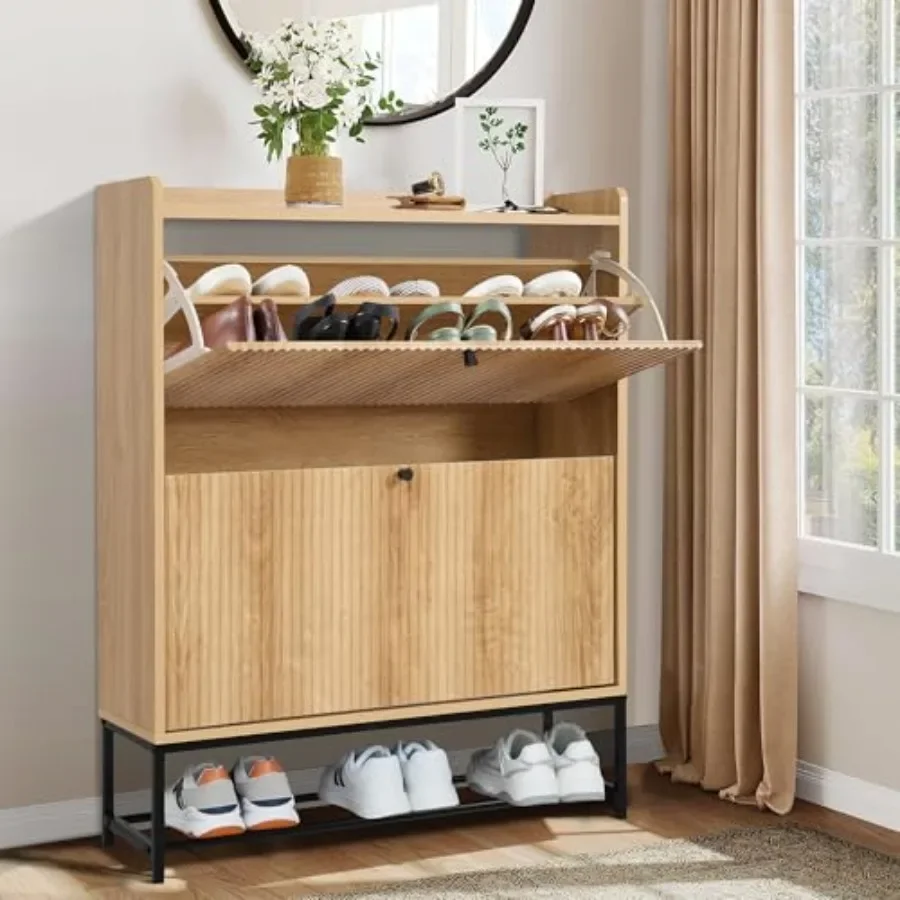 Fluted Shoe Cabinet with 2 Flip Drawers Modern Slim Shoe Storage Organizer Narrow Entryway Shoe Rack Wooden Shoe Cabinet with M