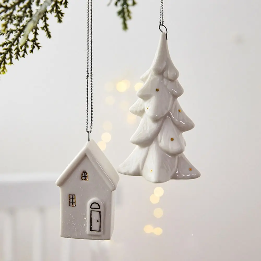 Ceramic Crafts Christmas Ceramic House Pendant Scene Layout Home Decor New Year Party Decoration Gifts Hollow out Snow House