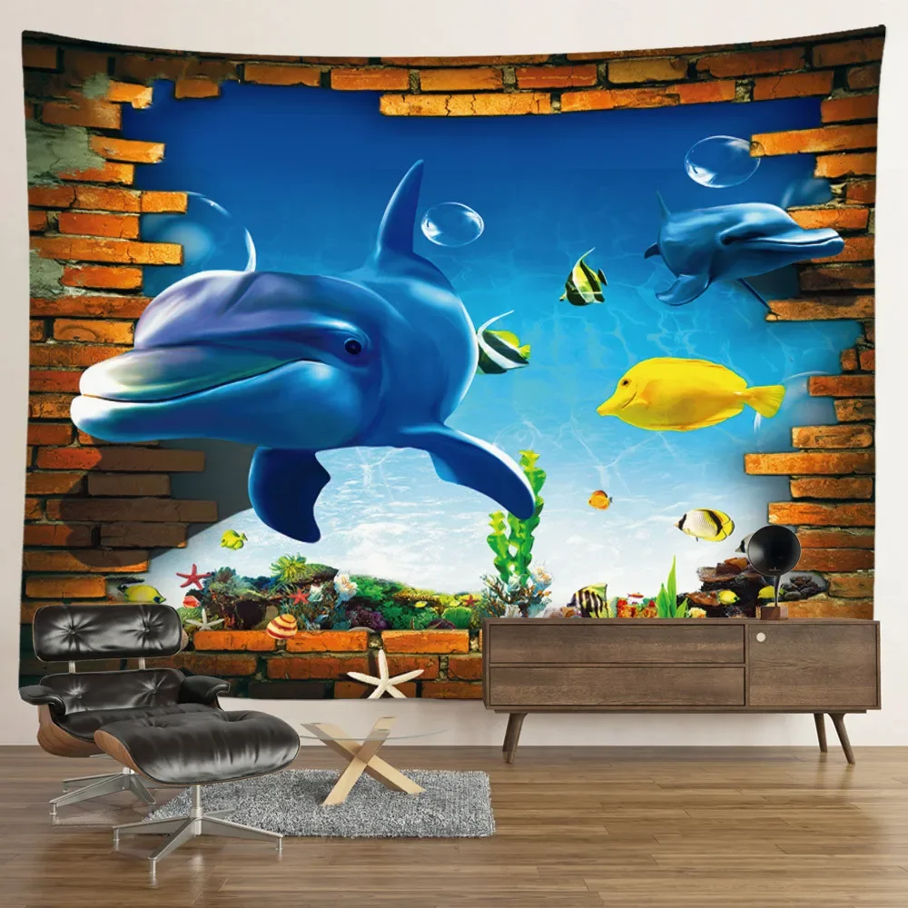 

Dolphin Tapestry Underwater World Wall Hanging Kawaii Room Aesthetic Landscape Tapestry Blanket Children's Bedroom Decorations