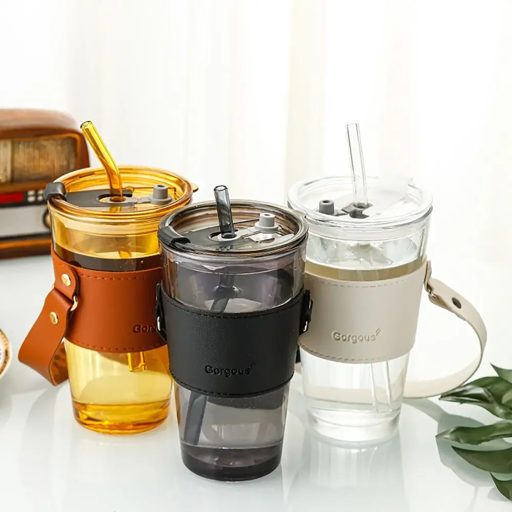 Leather Handle Coffee Cup Portable with Straw 400-500ml Drinking Cup Double Drinking Glass Water Cup School Office - Imagen 2