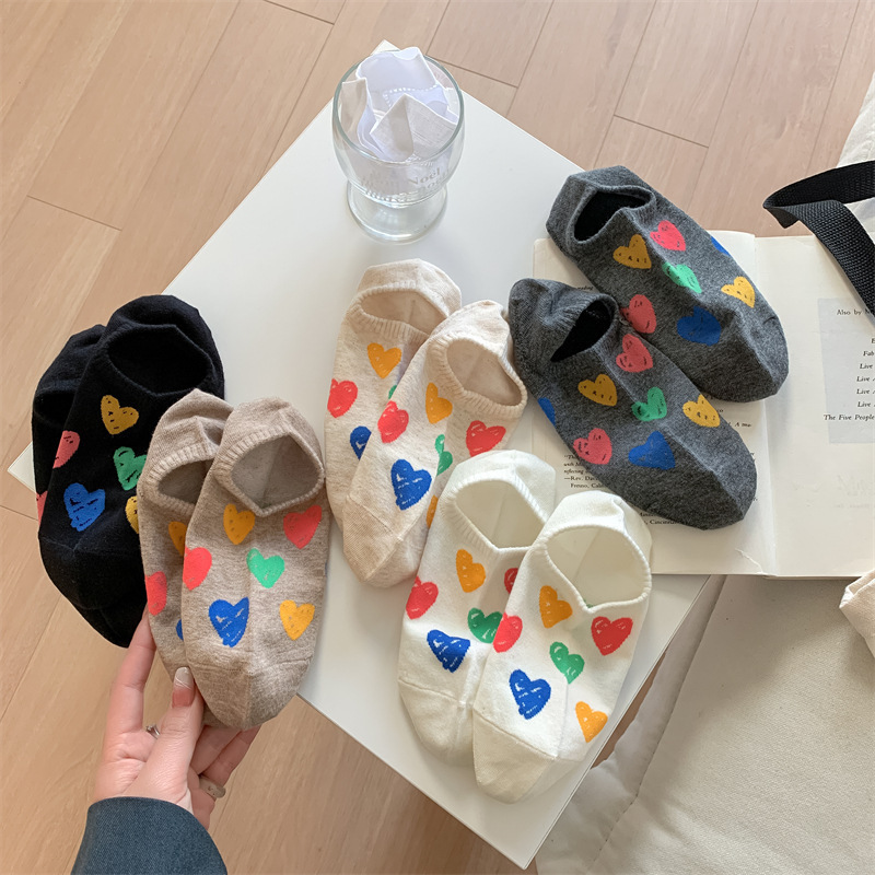 5Pairs Heart Print Socks, Sweet & Comfort Shallow Mouth Invisible Socks, Women's Stockings & Hosiery