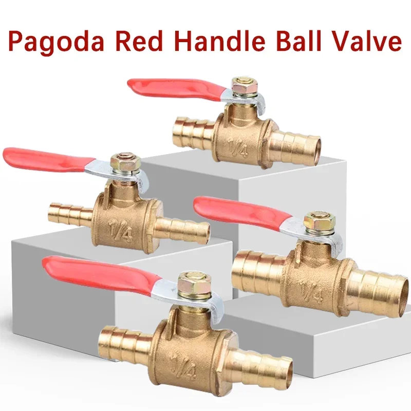 10pcs Red Handle Valve 6/8/10/12mm Hose Barb Inline Valve Brass Water Oil Air Gas Fuel Line Ball Pipe Fittings