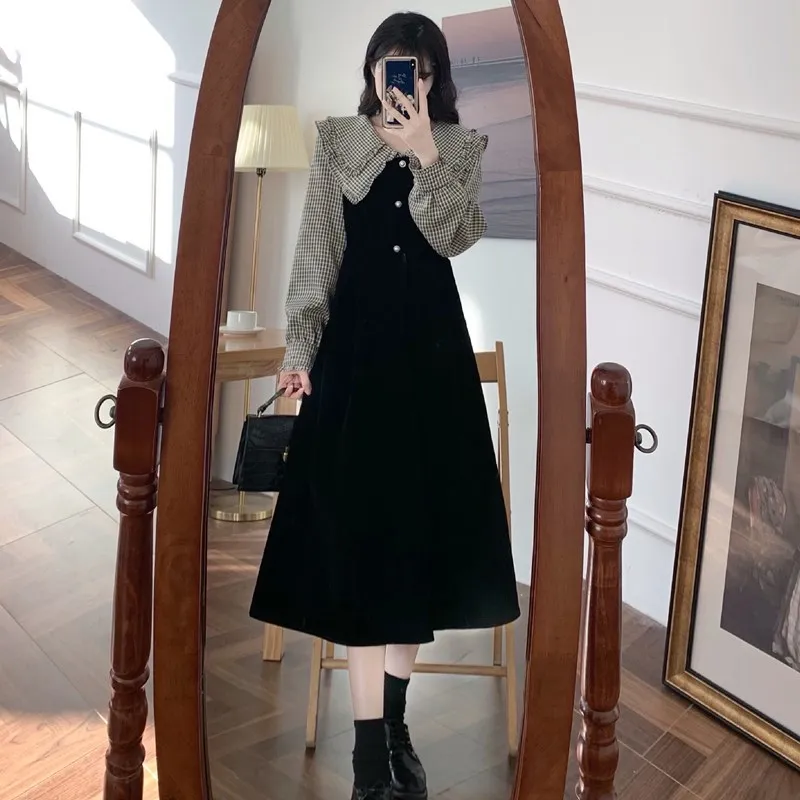 

Dress Women Vintage Lace-up Double-layer Casual Schoolgirls All-match Korean Tunic Students Sweet Girls Contrast Color Patchwork
