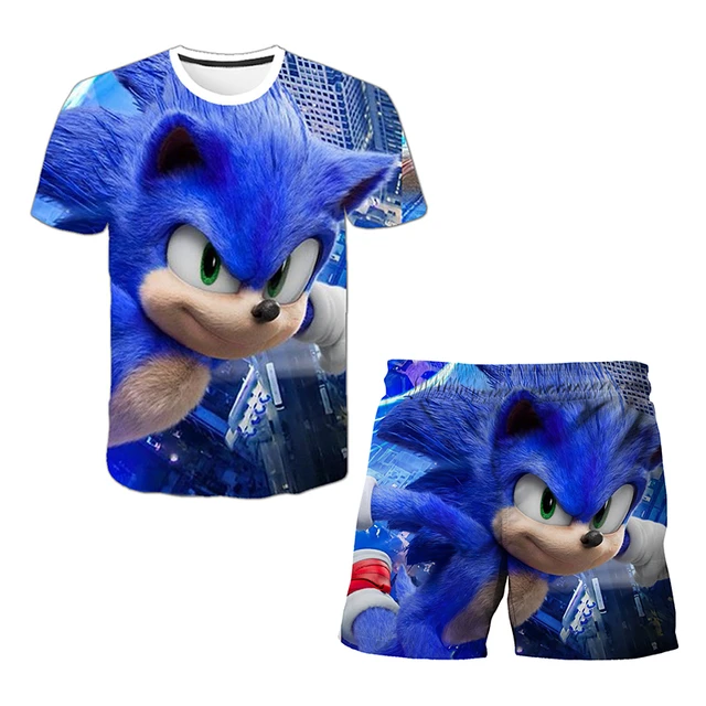 2023 New Girls Boys Sonic Clothing Sets Summer Suit Kids Sports T Shirt  +pants 2