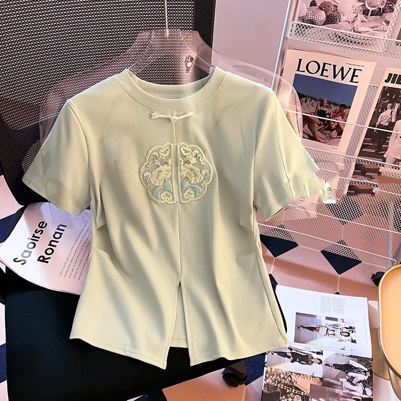

Summer Women's Solid Round Neck Gauze Shirring Geometric Embroidery Bow Short Sleeve T-shirt Casual Chinese Style Elegant Tops