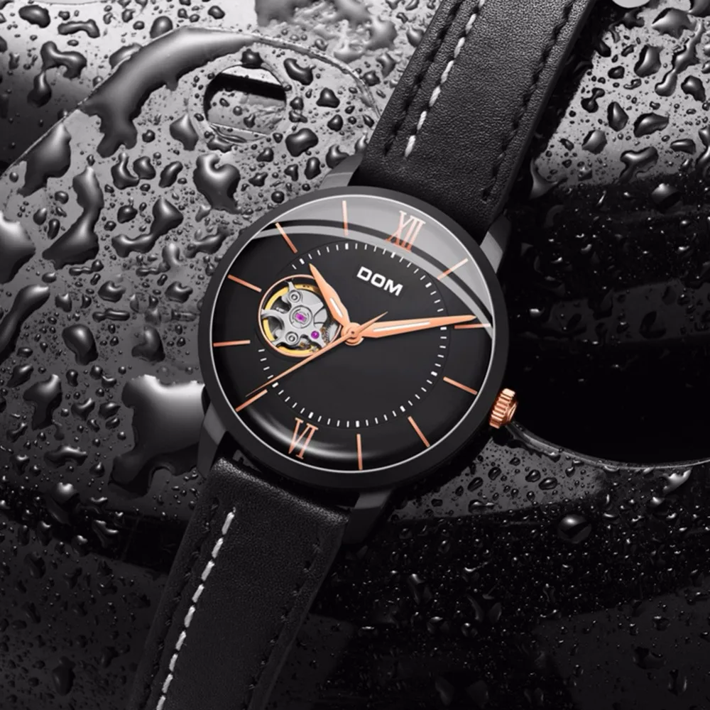 DOM Brand New Mens Fashion Watches Automatic Mechanical Watch Tourbillon Clock Genuine Leather Waterproof Business Wristwatch