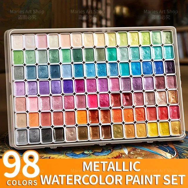 98-Color Metallic Shimmer Watercolor Paint Set,Pearl Pigments for Artists,Hobbyists for Illustration,Scrapbooking,Decoration 1