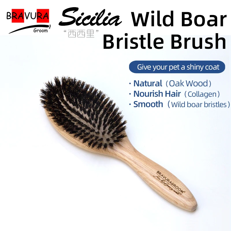 

Pet Grooming Wild boar bristle Handle Brush Comb Natural oak wood for Massage,Soft, Smooth Dogs & Cats Accessories