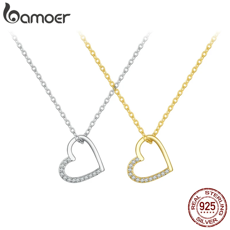 Silver Chain Necklace BAMOER Genuine 925 Sterling Silver The shape of love Chain for Women Godl Plated Heart 3 Color 18.11''