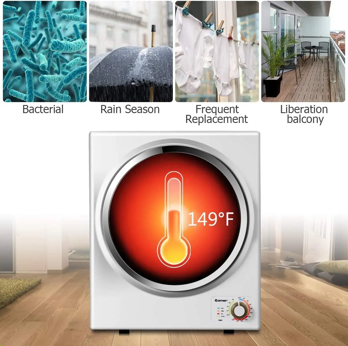 Electric Portable Clothes Stainless Steel Tub Laundry Dryer, for 4 Automatic Drying Mode, White 5