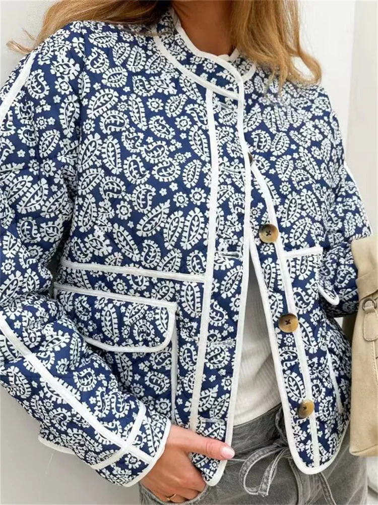 Fashion Printed Patchwork Jackets Female Contrast Loose Long Sleeve Autumn Pocket High Street Coat Women's Cardigan