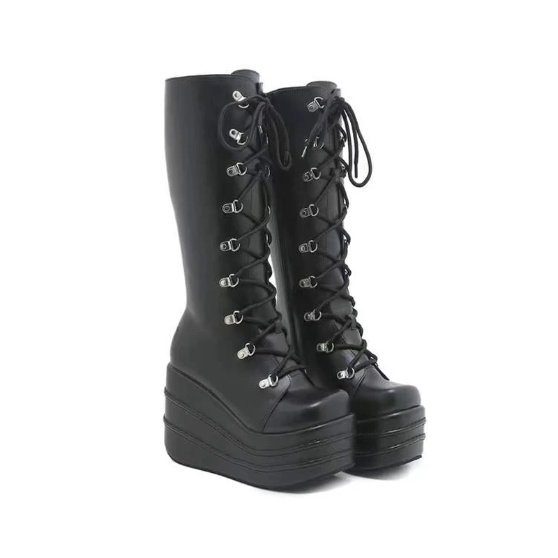 

11cm Heeled Motorcycle Boots Black Knee High Boots Punk Cosplay Boots Fashion Goth Wedges Shoes For Women Platform High Heels