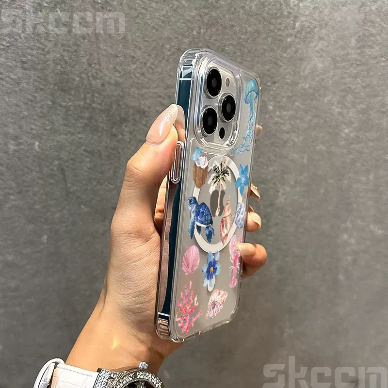 Ocean Life Theme Clear Phone Case with Magnetic Wireless Charging Cover