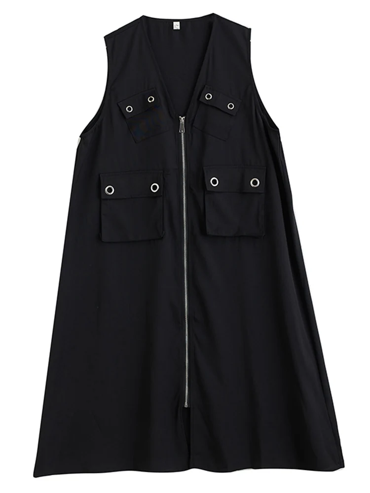 Zipper Pocket V-Neck Sleeveless Oversized Black Vintage Dresses For Women Summer New In Loose Casual Dress Elegant Clothing 2025
