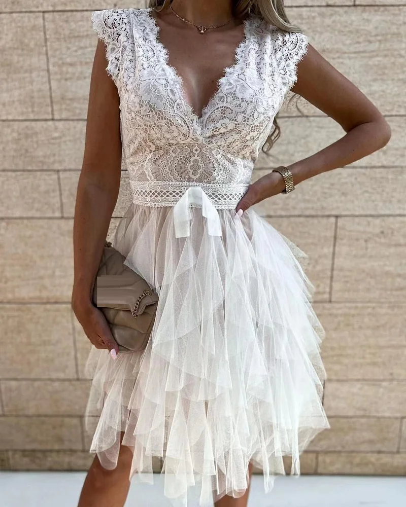 

Summer Sexy Backless Sleeveless V-Neck Lace Patchwork Mesh Party Midi Dress 2023 Elegant Women Fairycore Princess Cute Clothes
