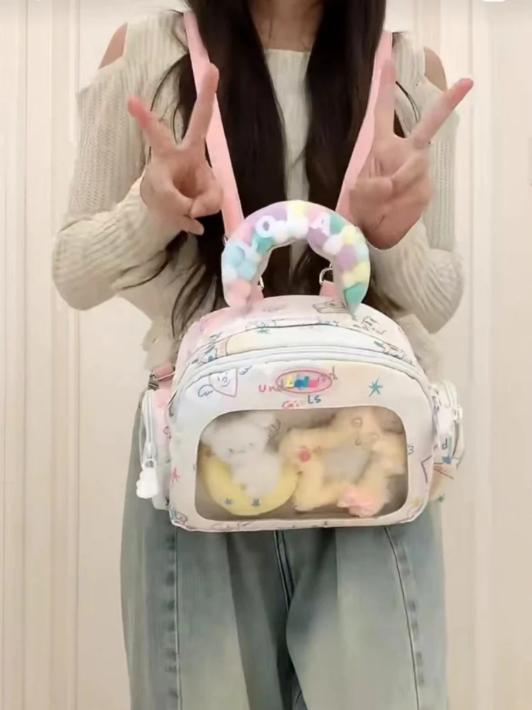 Contrast Color Plaid Transparent Backpack Casual Big Capacity Schoolbag Handbag Student Leisure Travel Backpack