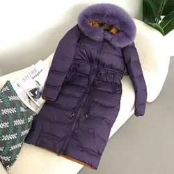 2023 New X-Long Jacket Real Raccoon Fox Fur Collar Hooded Winter Women White Duck Down Female Thick Warm Coat Luxury Outerwear