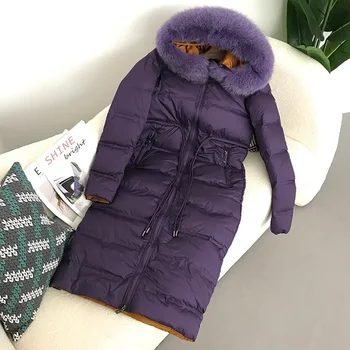 2023 New X-Long Jacket Real Raccoon Fox Fur Collar Hooded Winter Women White Duck Down Female Thick Warm Coat Luxury Outerwear