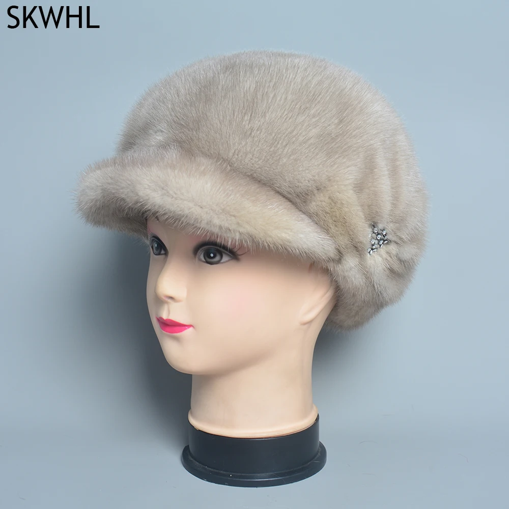 

New Luxurious Ladies Fashion 100% Natural Mink Fur Visors Caps Winter Women Warm Outdoor Mink Fur Cap Full Pelt Female Fur Hats