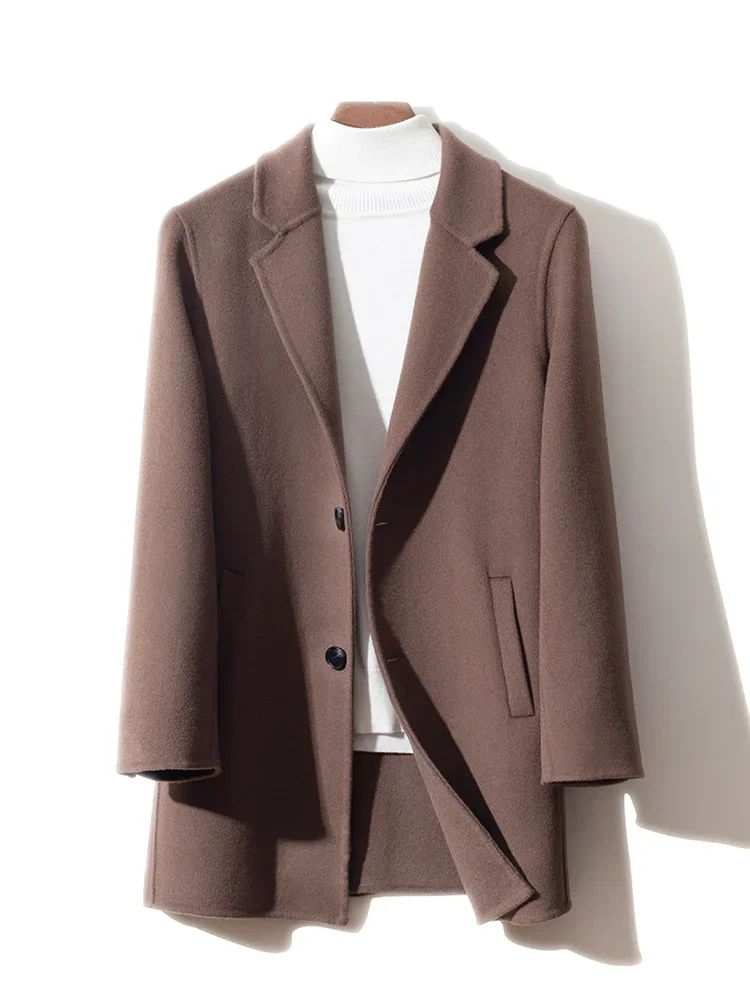 2024 New Men's Overcoat 100% Pure Wool Business Casual Jacket Mid-Length Double-Sided Handmade Woolen Top Korean Fashion