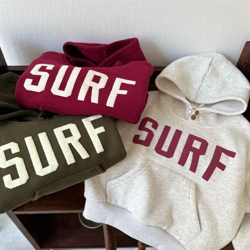 

2023 Winter Kids Fleece Lining Hoodies Boys Letters thicken warm Tops Girls loose hooded sweatshirts