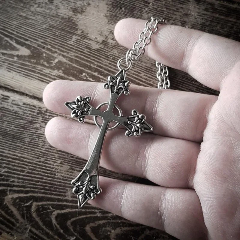 WANZHI New Goth Rose Cross Pendant Necklace for Women Large Silver Carved Sweater Chains Choker Fashion Jewelry Accessories - Image 6