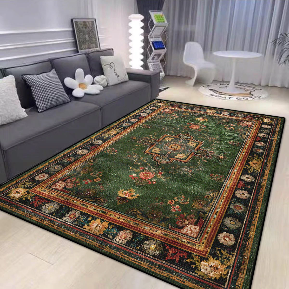 Persian Style Big Size Green Carpet Living Room Non-slip Easy Cleaning  Coffee Tables Mat Soft Foldable Dining Room Decor Rug, image size:1200x1200