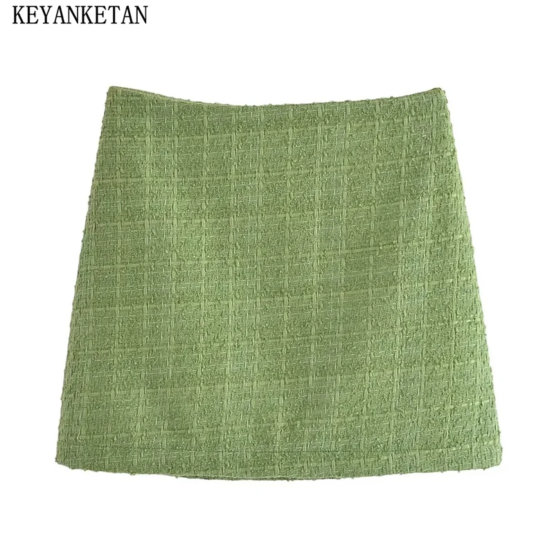 

KEYANKETIAN Autumn/Winter New Women's Green Texture Tweed Skirt Side Zipper High Waist Simply Office Lady A Line Mini Skirt