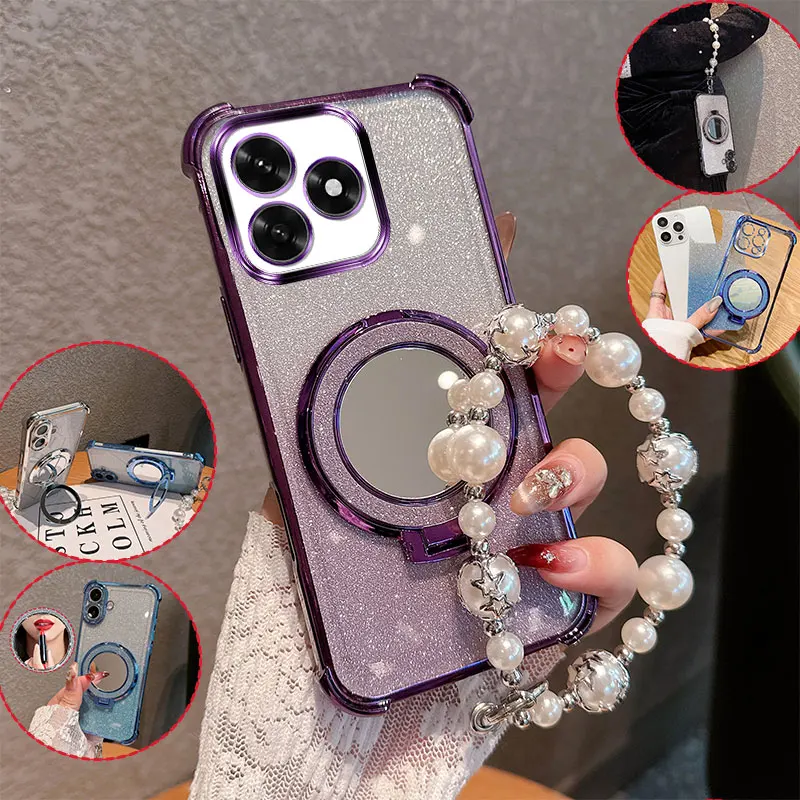 Bling Glitter Lipstick Mirror Phone Case with Pearl Chain - Anti-Drop Shockproof Cover