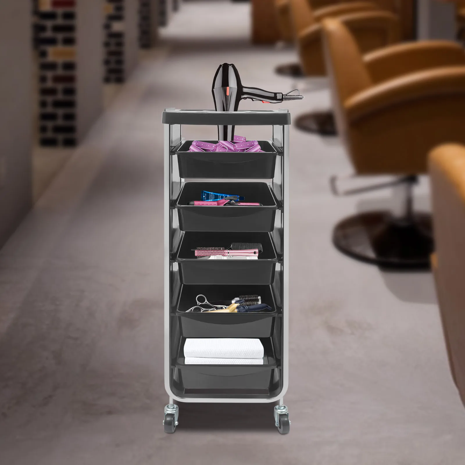 Rolling Beauty Hair Stylist Storage Stand Black Salon Trolley Cart with 5 Drawers and Dryer Holder