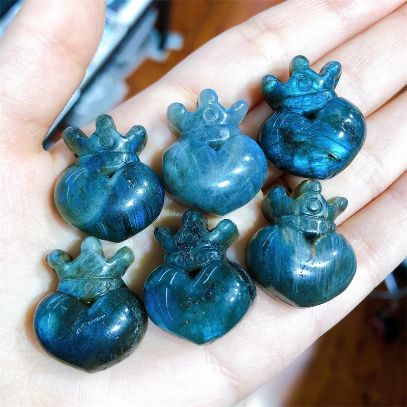 

5PCS Natural Labradorite Corwn Heart Mini Carving Room Decoration Healing Crystal Reiki Carved Stones Gift