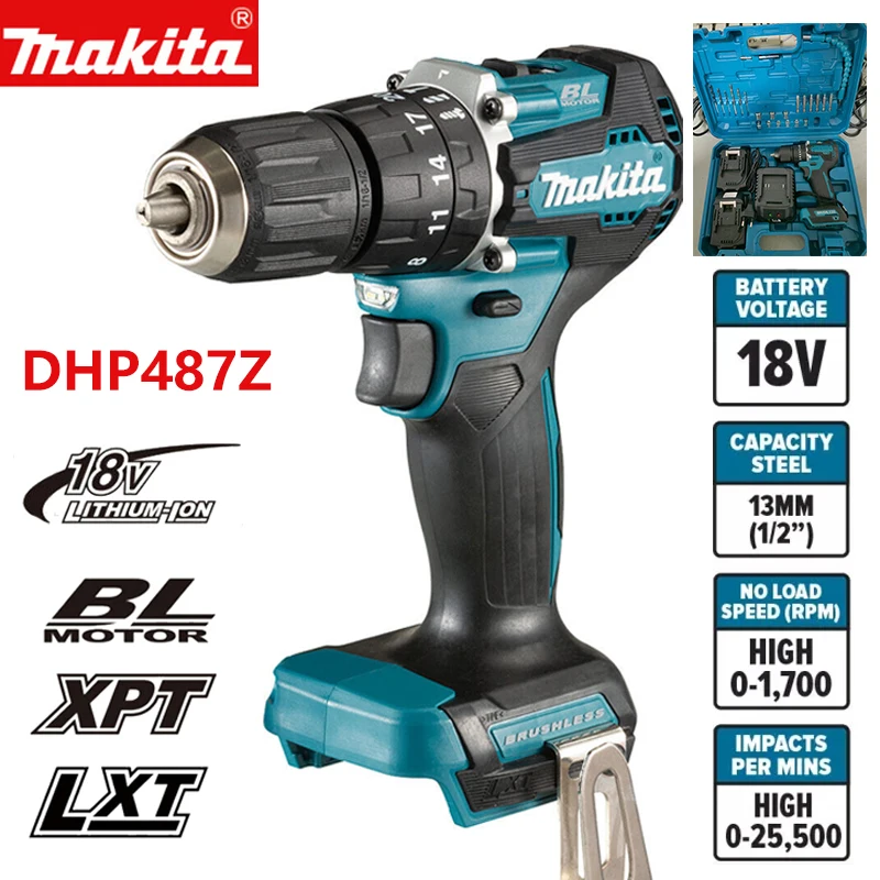 

2023 Makita Hammer Driver Drill 18V DHP487 Cordless LXT Brushless Motor Impact Electric Screwdriver with Case