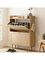 Rattan Storage Shoe Cabinet with 2 Flip Drawers Farmhouse Freestanding Organizer with Wooden Legs Boho Hidden Narrow Sho 1