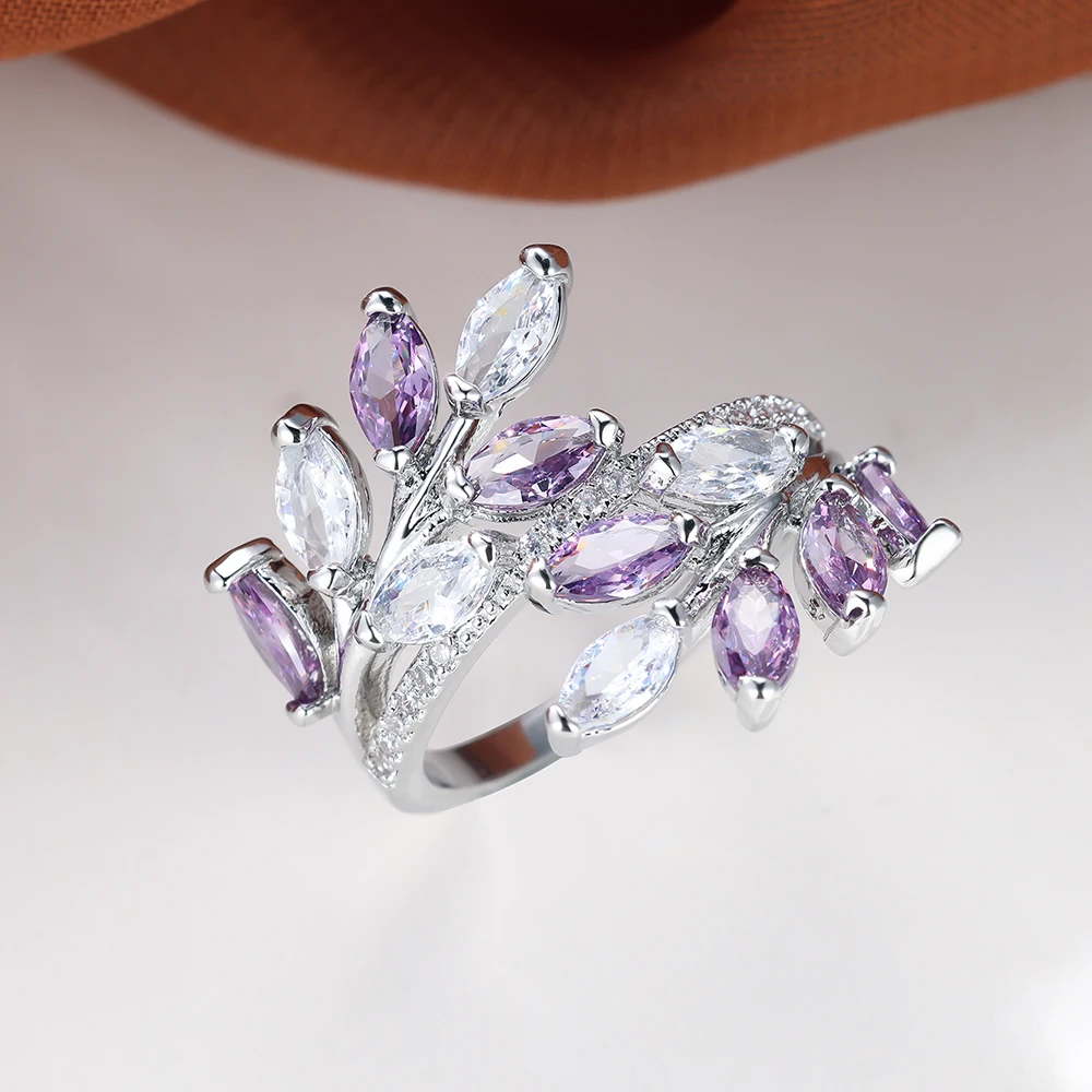 Marquise Cut Multicolor Zircon Leaf Ring in Rose Gold Boho Style