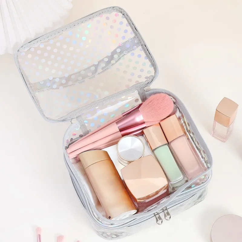 Polka dot transparent PVC double layer makeup bag Multi-functional portable waterproof makeup case large capacity travel storage 3