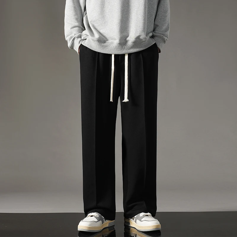 Men's Spring Autumn Solid Pockets Elastic High Waisted Drawstring Casual Loose Straight Leg Wide Leg Trousers Fashion Pants wide leg pants