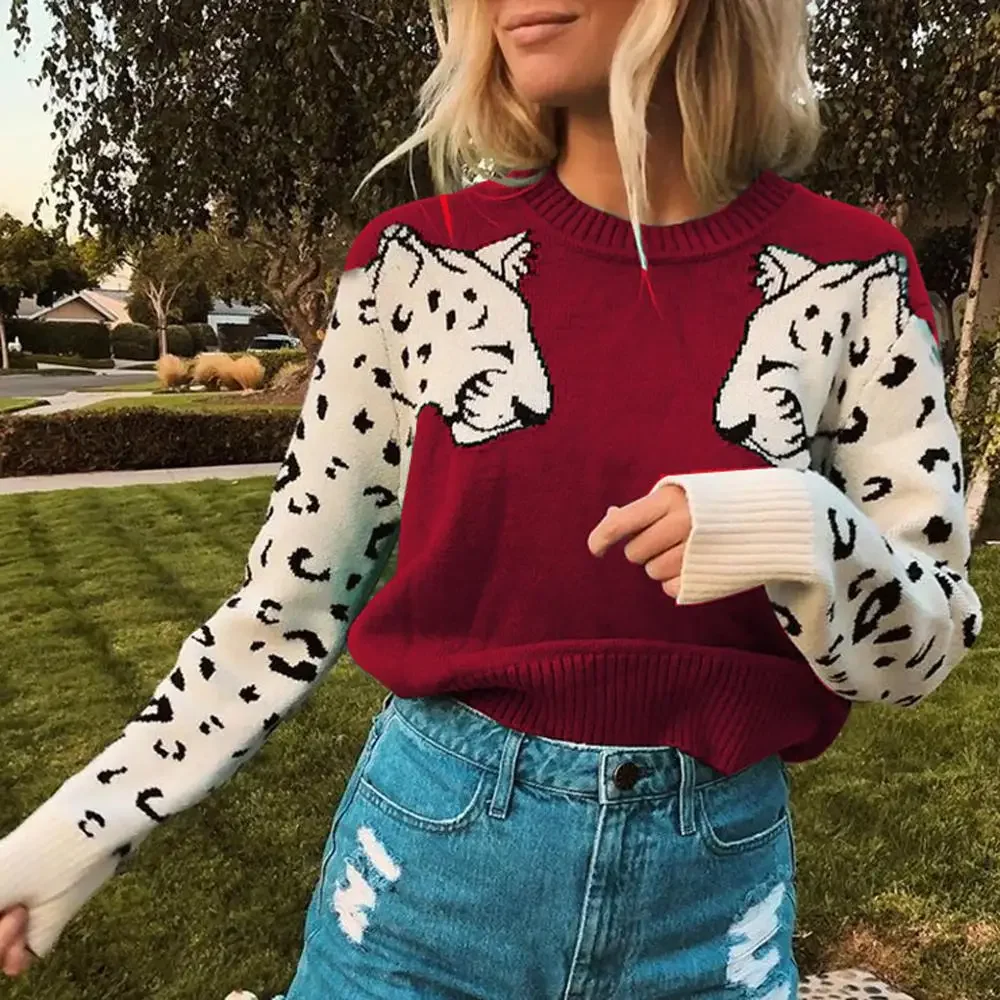 thumbnail image 1 of Suéter de punto de manga larga con estampado de leopardo verde TEELYNN 2023 para mujer, suéteres casuales de otoño e invierno, jersey de cuello redondo, 1 of 5
