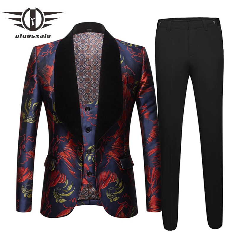 

US Size Animal Pattern Men Jacquard Suit Big Shawl Lapel Mens Prom Party Stage Dinner Evening Suit 3 Piece Wedding Suits Q554