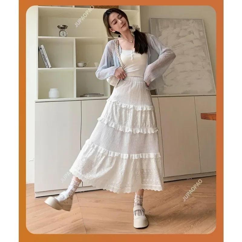 White Skirt Women Spring and Autumn New High-waisted A-line Long Skirt Lace Cake Skirt Casual Culottes for Women