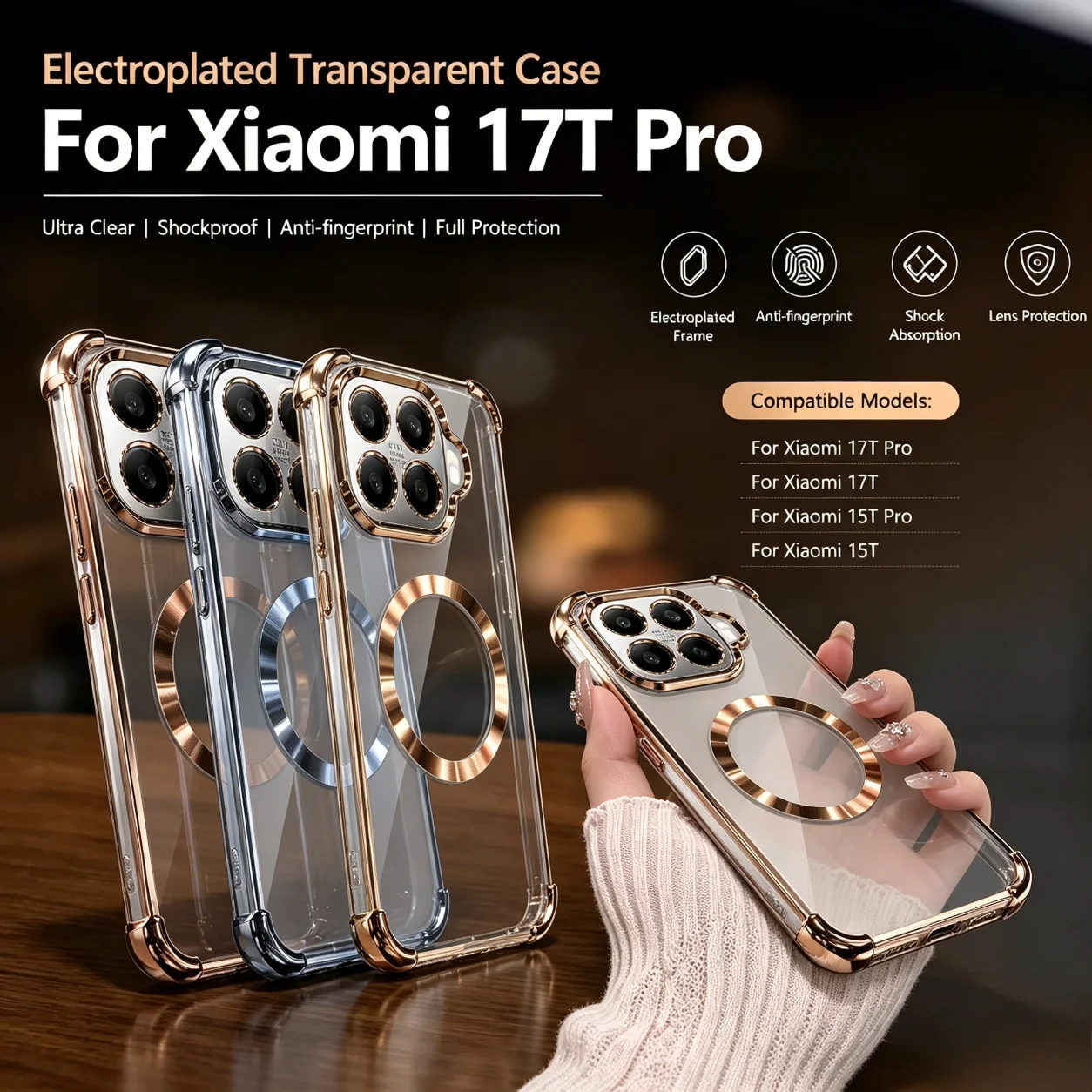 Transparent Anti-Yellowing Plating Case with Built-in Lens Film and Magnetic Shockproof Protection