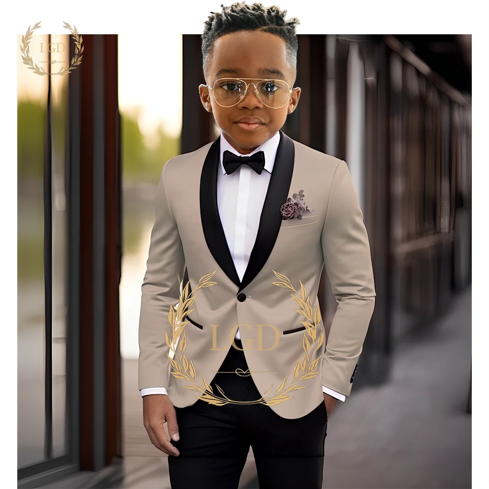 Boys' black shawl collar single button suit dress set 2-piece jacket pants children's wedding party birthday tailcoat