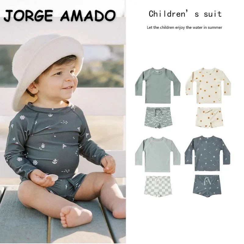 2pcs New Summer Kid Boy Swimming Wear Blue Seagull Beige Sun Swimsuits + Trunks Hot Spring Sunscreen Children Clothes E6779 kids swimsuits,boys swim shorts