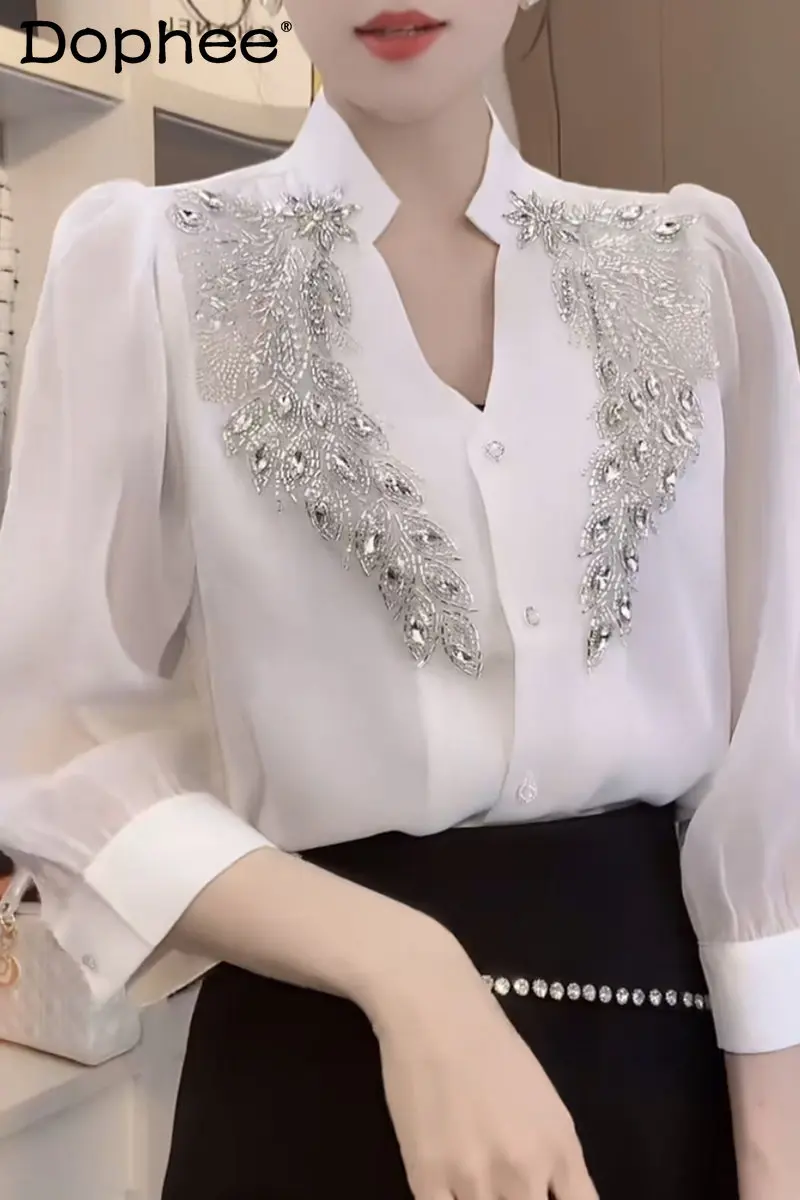 

High Quality Blusas Femininas Elegantes Ladies V-neck Bead White Shirt Blouse 2023 Summer New Loose Woman Half Sleeve Blusa Tops