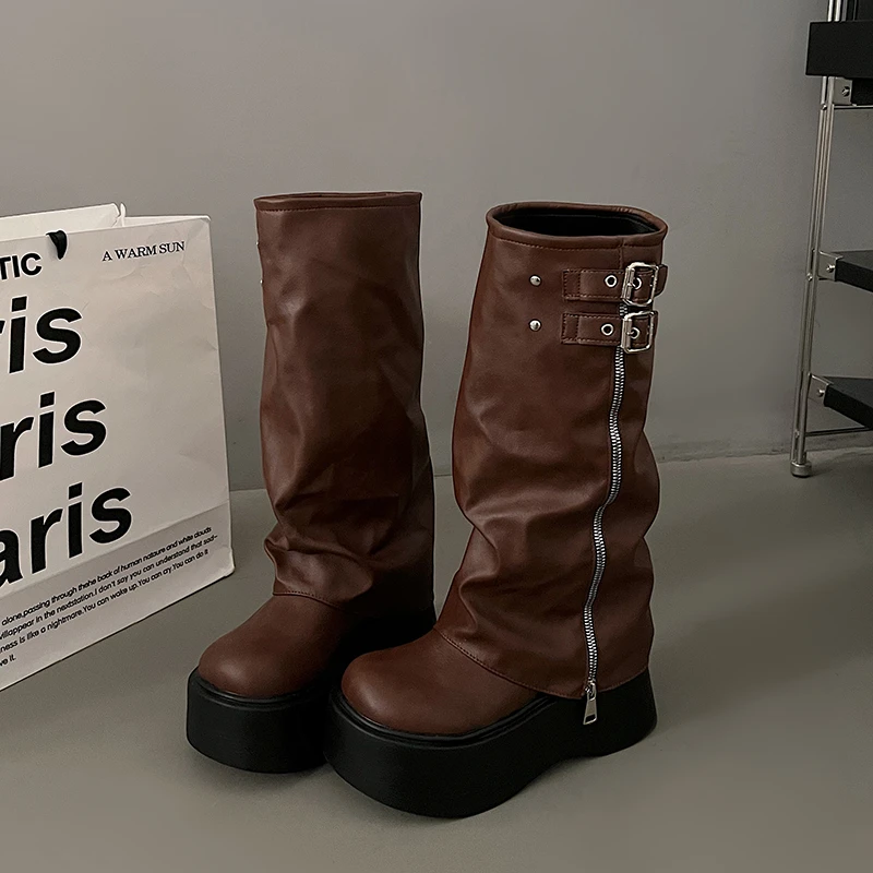 

Женские сапоги на платформе до колена, дизайнерская обувь из мягкой кожи на плоской подошве с молнией, летние трендовые толстые сапоги, женские готические сапоги, 2024