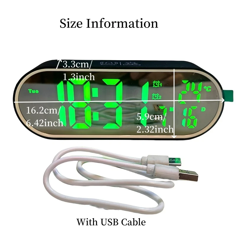 Description Picture 2 of itemDigital Alarm Clock TEMP Date Week 2 Alarms Night Mode Snooze 12/24H Anti-disturb Voice Control Rechargeable LED Mirror Clock
